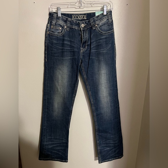 Rock & Roll Cowgirl Denim - ROCK & ROLL DENIM Classic Boyfriend Straight Leg Jeans Dark Wash Women's 26 x 30